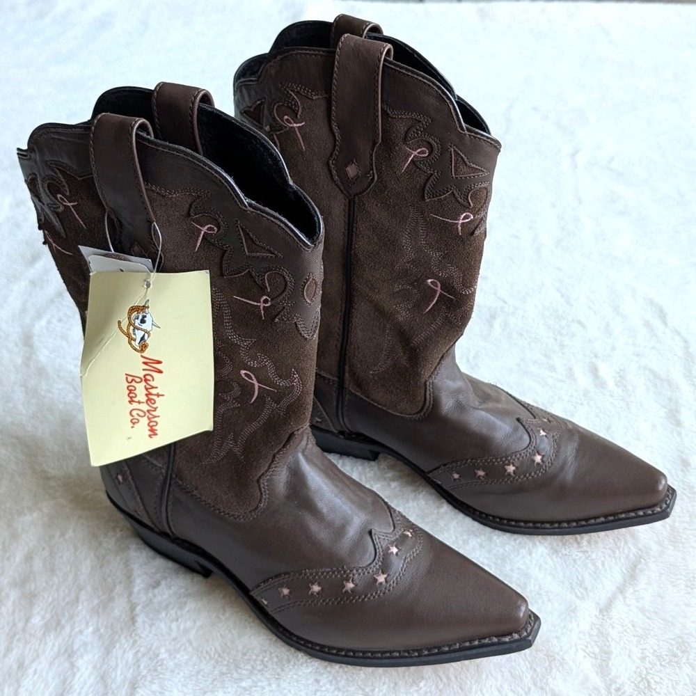 Masterson Boot Co Women's Brown Leather Western Boots Pink Ribbon Star 10M NEW